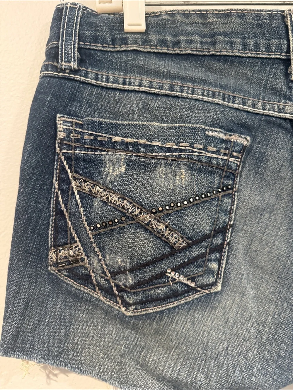 BKE Women's Dark Blue Distressed Frayed Hem Jean Shorts